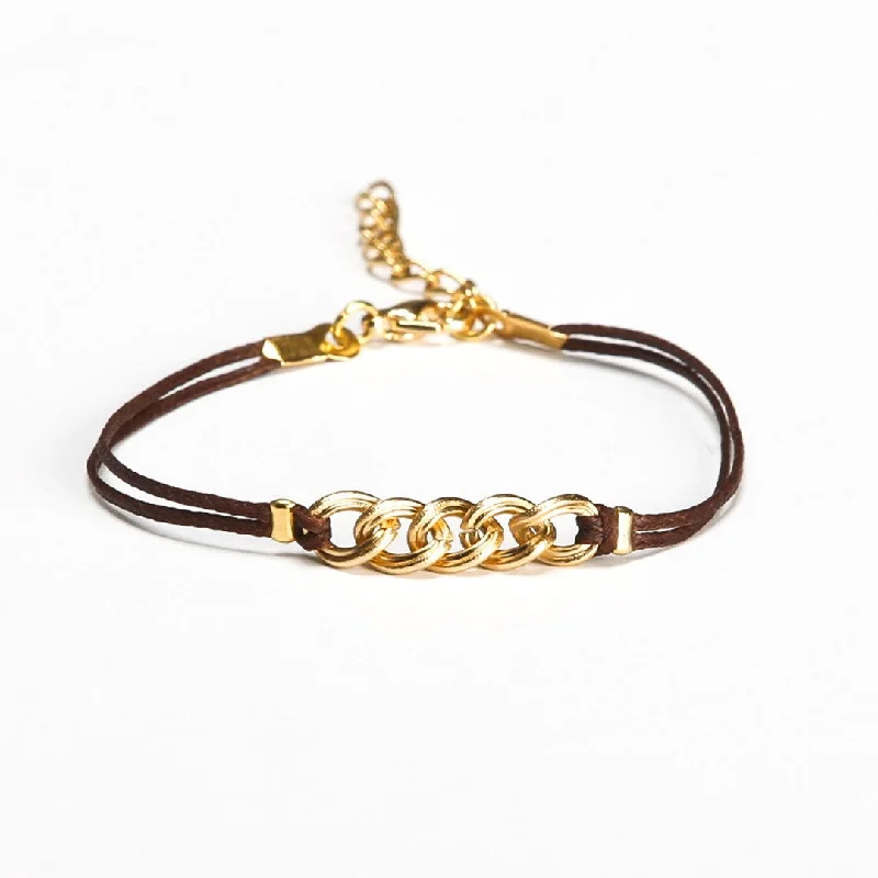 Ladies bracelets for life’s milestones -Brown cord bracelet with a gold chunky chain