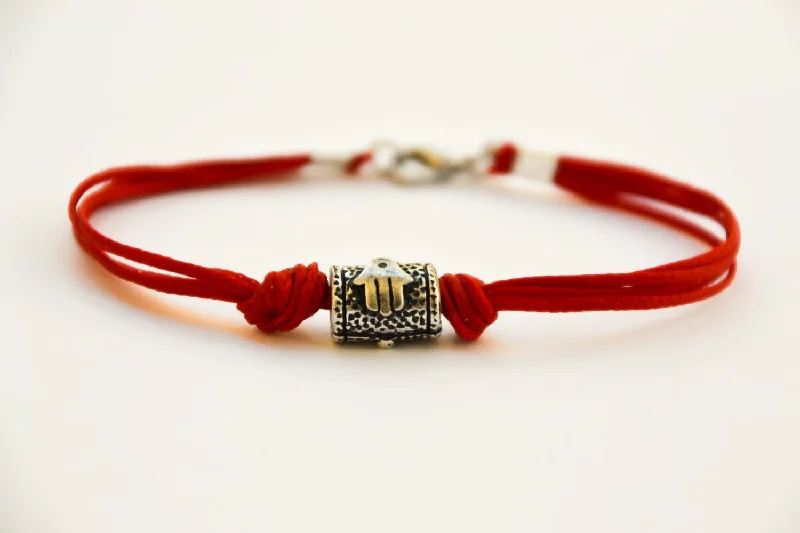 Ladies bracelets sleek flair -Hamsa bracelet for men, red string, Jewish gift for Israel, Hand and fish on silver bead