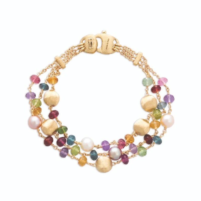 Ladies bracelets for lifelong friends -18K Yellow Gold Mixed Gemstone and Pearl Triple Strand Bracelet