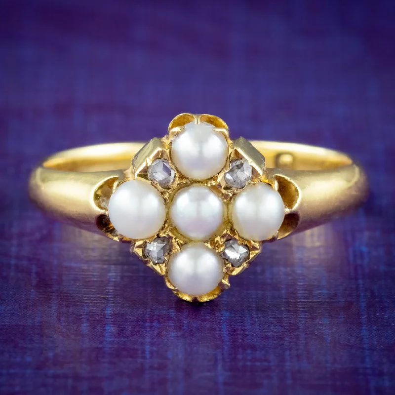 ladies-round-diamond-rings-Antique Victorian Pearl Diamond Cluster Ring Dated 1891