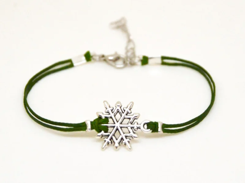 Ladies bracelets vintage flair -Snowflake bracelet, green cord, Christmas gift for her