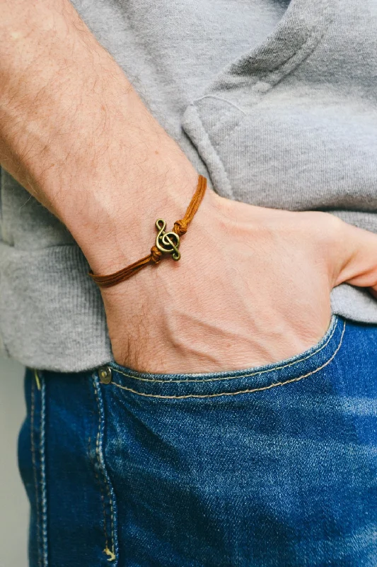 Ladies bracelets for red-carpet vibes -Treble clef bracelet for men, brown string, music note bead bracelet, gift for him