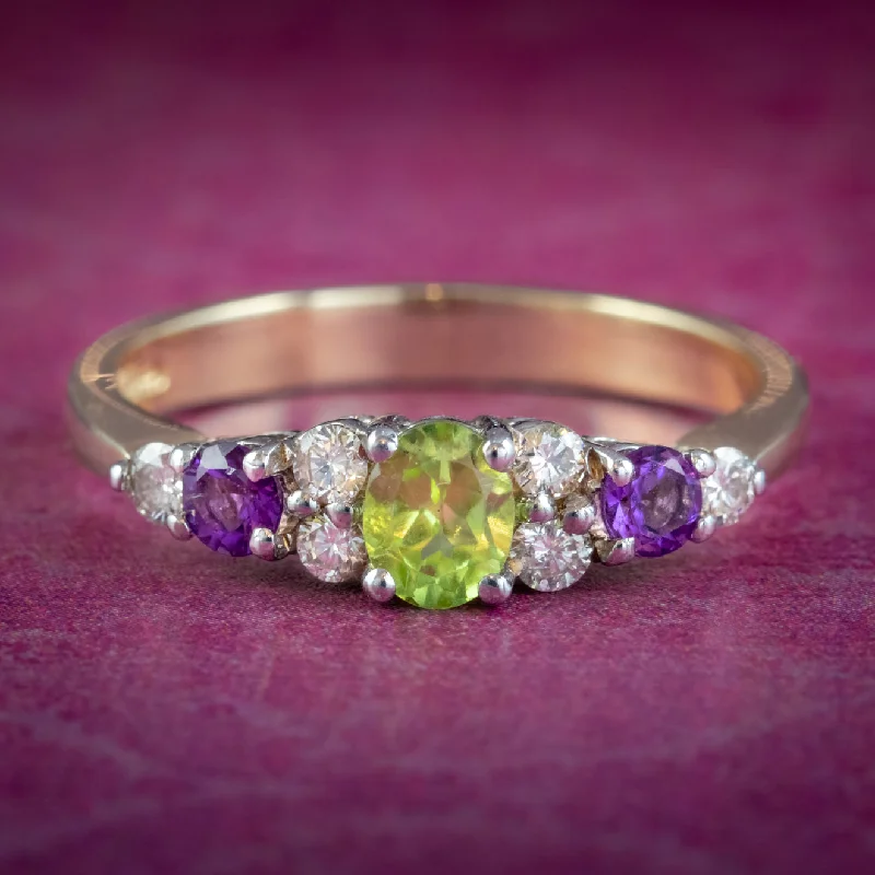 ladies-ruby-unique-rings-Edwardian Suffragette Style Ring Peridot Amethyst Diamond 9ct Gold