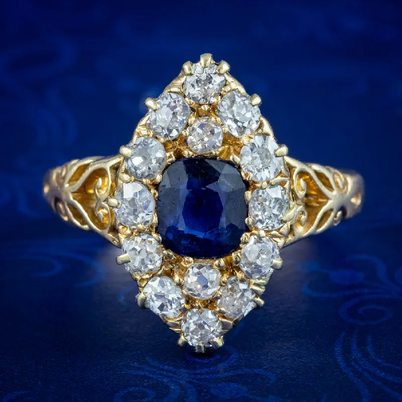 ladies-initial-gold-rings-Antique Victorian Sapphire Diamond Navette Cluster Ring 1ct Sapphire