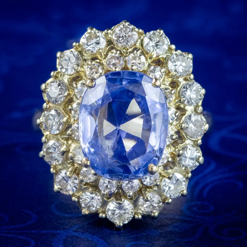 ladies-birthstone-ruby-rings-Vintage Ceylon Sapphire Diamond Cluster Ring 4.29ct Sapphire With Cert