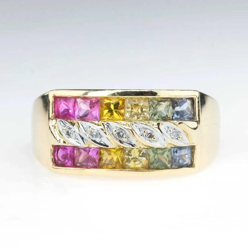 ladies-name-diamond-rings-Multi Colored Sapphire & Diamond Wide Ring in 14K Yellow Gold