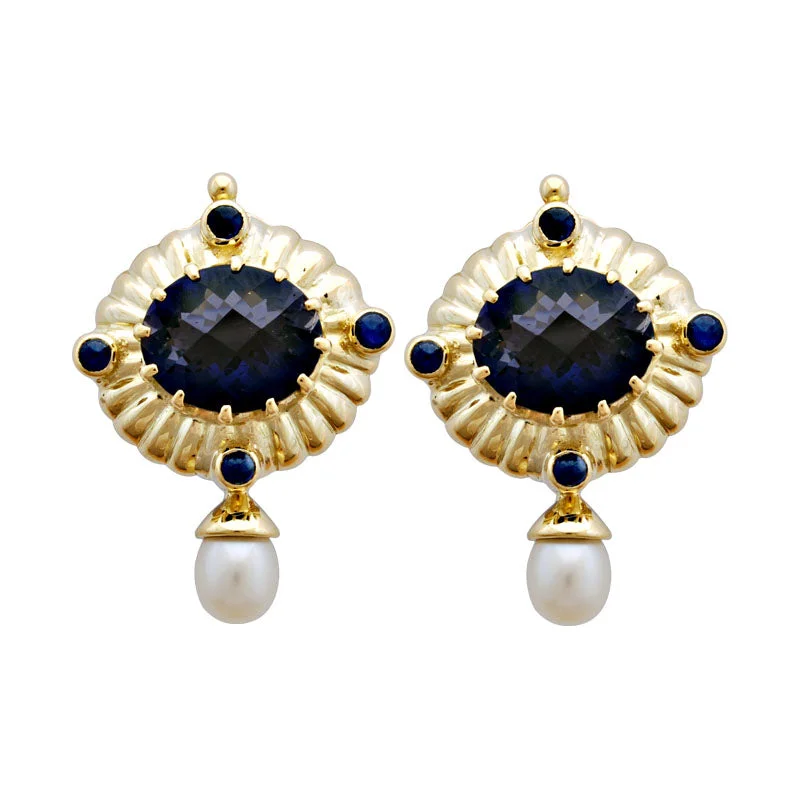 ladies-handmade-pearl-earrings-Earrings-Iolite, Blue Sapphire and Pearl