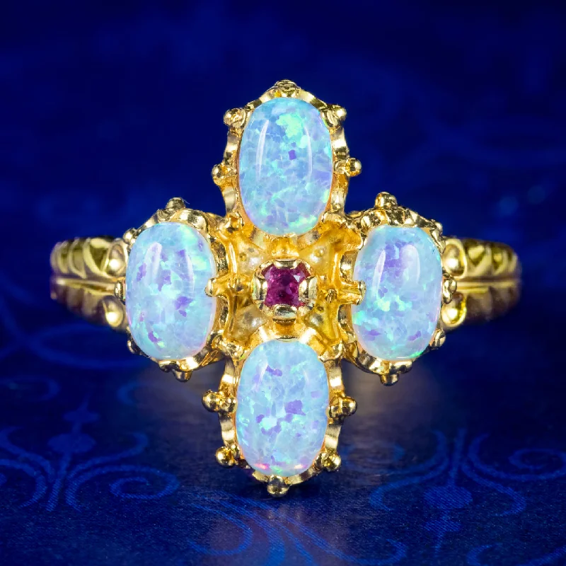 ladies-diamond-modern-rings-Victorian Style Opal Ruby Cluster Ring