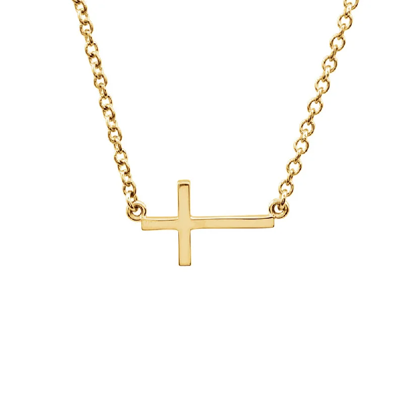 Ladies necklaces high shine -17mm Polished Sideways Cross Adjustable 14k Yellow Gold Necklace