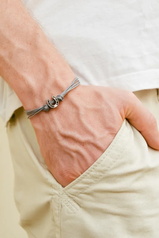 Ladies bracelets timeless elegance -Silver Horseshoe bead bracelet for men, gray cords