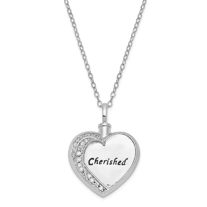 Ladies necklaces for globe trotters -Sterling Silver & CZ Cherished Heart Ash Holder Necklace, 18 Inch