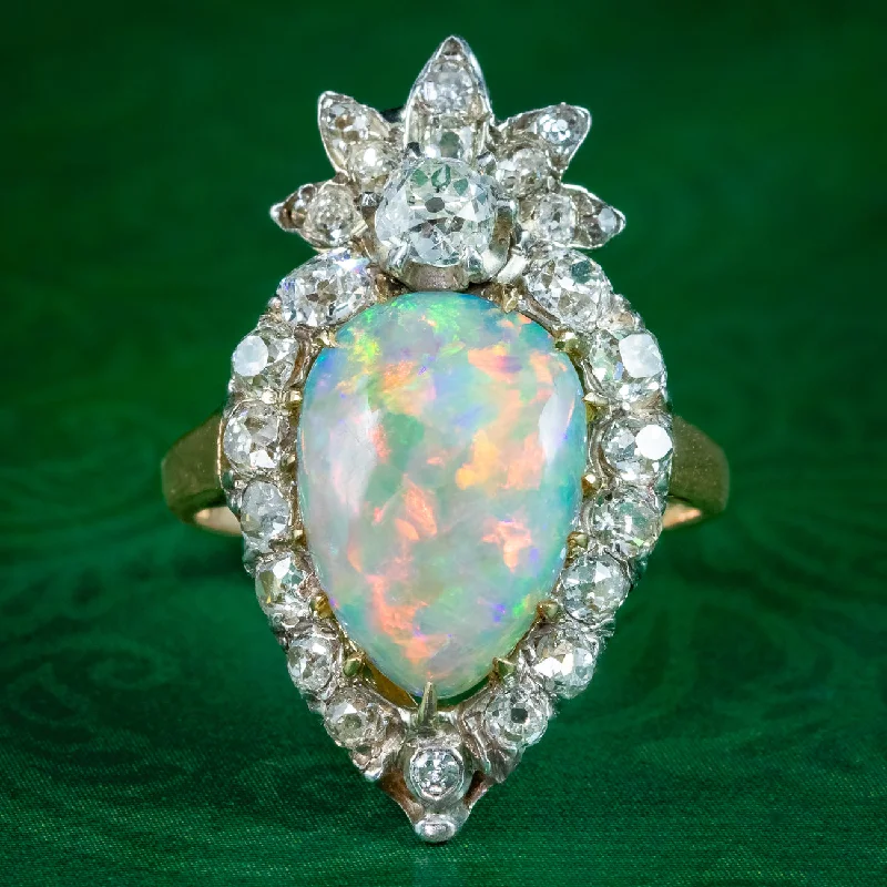 ladies-diamond-unique-rings-Antique Victorian Opal Diamond Cluster Ring 5.5ct Opal