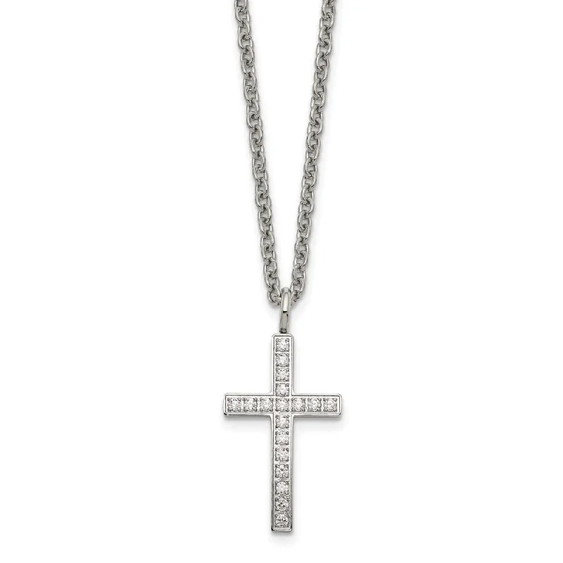 Ladies necklaces with horn charms -Women's Stainless Steel & CZ Cross Necklace, 20 Inch