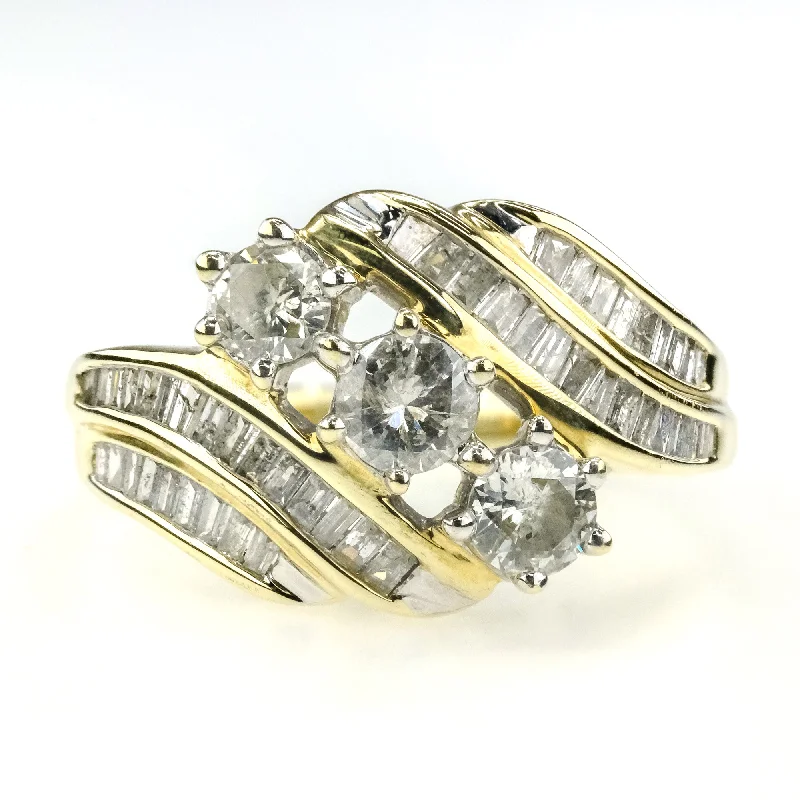 ladies-round-gold-rings-1.50ctw Diamond Three Stone w/ Side Accents Anniversary Ring in 10K Yellow Gold