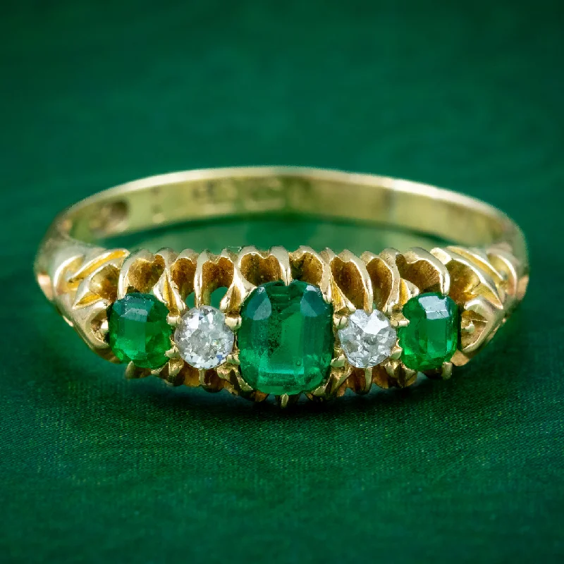 ladies-emerald-cut-pearl-rings-Antique Victorian Emerald Diamond Five Stone Ring 0.60ct of Emerald