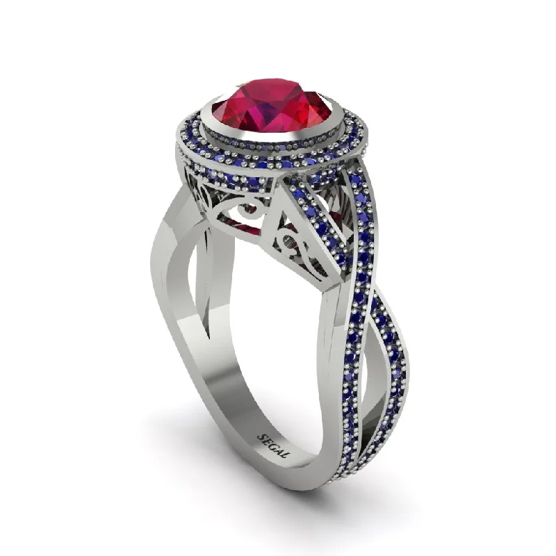 engagement-ruby-modern-ring-Ruby Filigree Halo Twist Shank Engagement Ring - Wren No. 72