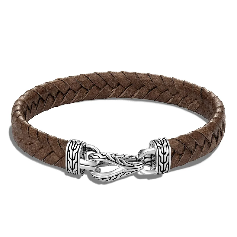 Ladies bracelets unique flair -Asli Classic Chain Link Silver Bracelet on Brown Braided Leather