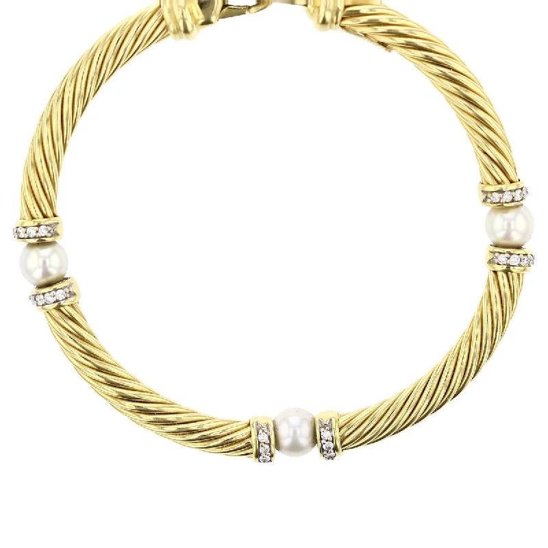 Ladies bracelets with crystal accents -David Yurman 18K Gold 3 Pearl Station Diamond Bracelet