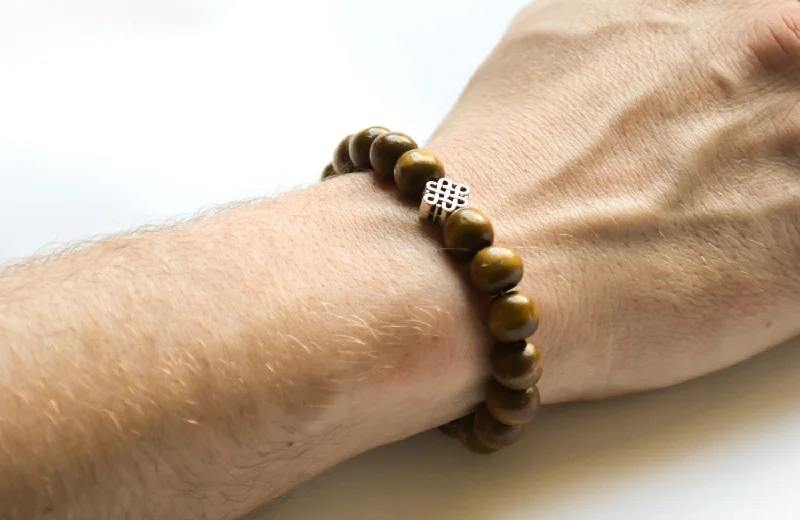 Ladies bracelets for vision vibes -Silver Infinity bracelet with wood beads for men, gift for him