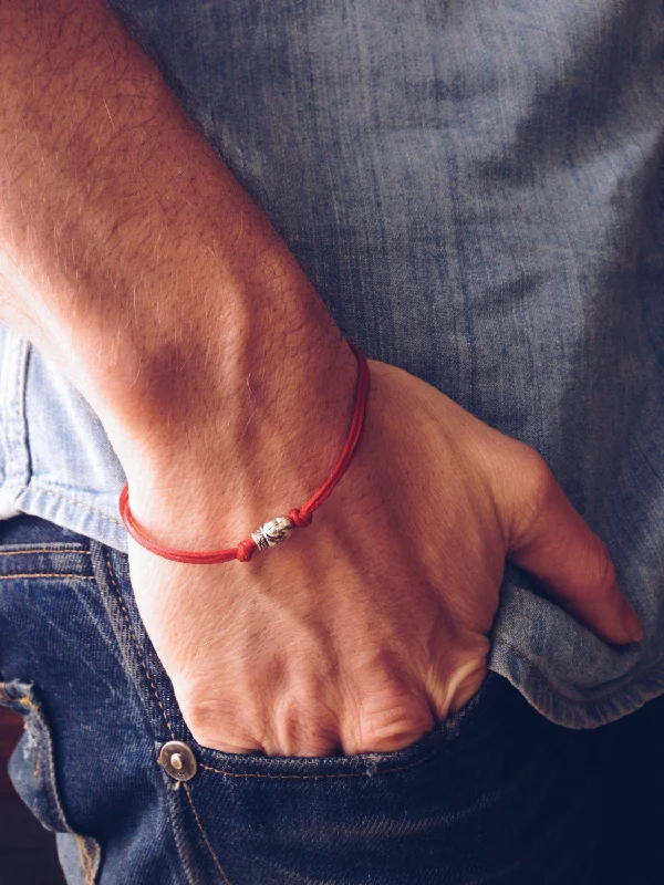 Ladies bracelets for peak explorers -Skull bracelet for men, red cord, silver tone bead, gift for him