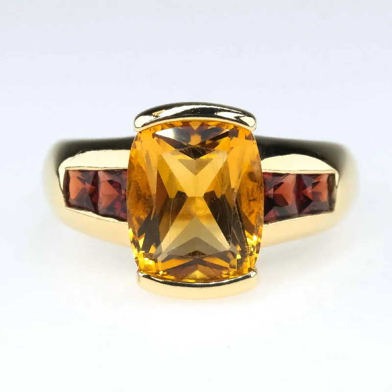 ladies-cushion-cut-gold-rings-2.22ctw Cushion Citrine with Garnet Accented Gemstone Ring in 10K Yellow Gold