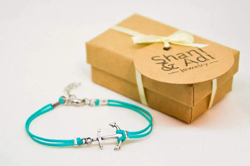 Ladies bracelets with baroque pearls -Turquoise cord bracelet with a silver plated anchor charm, nautical gift for her