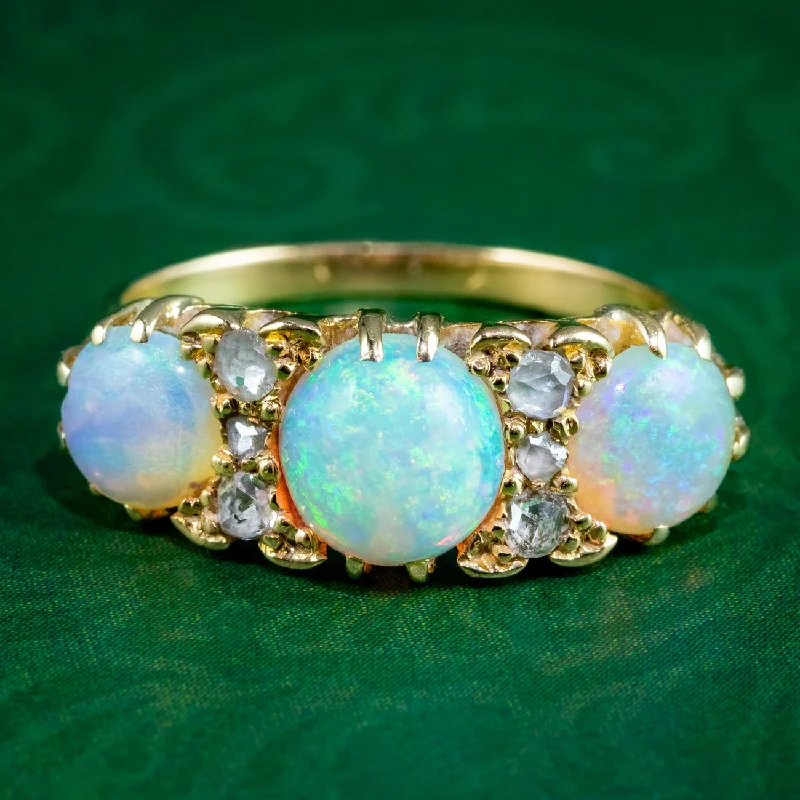 ladies-elegant-silver-rings-Antique Victorian Opal Diamond Ring 3ct Opal