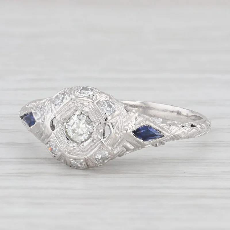 engagement-princess-cut-diamond-ring-Art Deco 0.38ctw Diamond Lab Created Sapphire Engagement Ring 18k White Gold