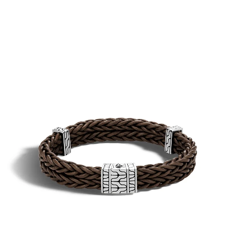 Ladies bracelets with pack charms -Classic Chain Silver Heritage Double Chain Bracelet on Brown Leather