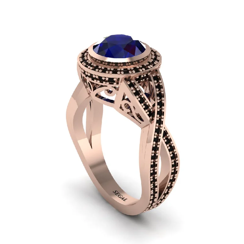 engagement-elegant-platinum-ring-Sapphire Filigree Halo Twist Shank Engagement Ring - Wren No. 44