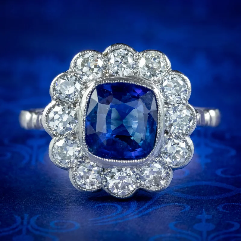 ladies-modern-silver-rings-Edwardian Style Sapphire Diamond Cluster Ring 2ct Sapphire