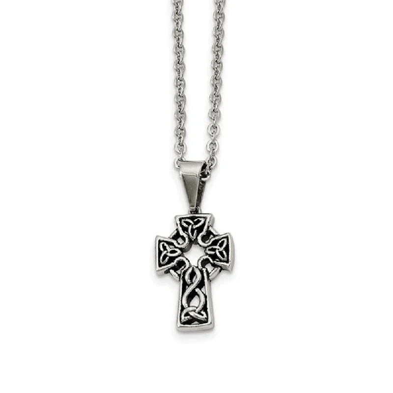 Ladies necklaces polished strands -Stainless Steel Antiqued Celtic Cross Necklace - 18 Inch