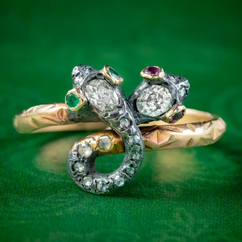 ladies-white-gold-stackable-rings-Victorian Style Toi Et Moi Diamond Snake Twist Ring Ruby Emerald Eyes