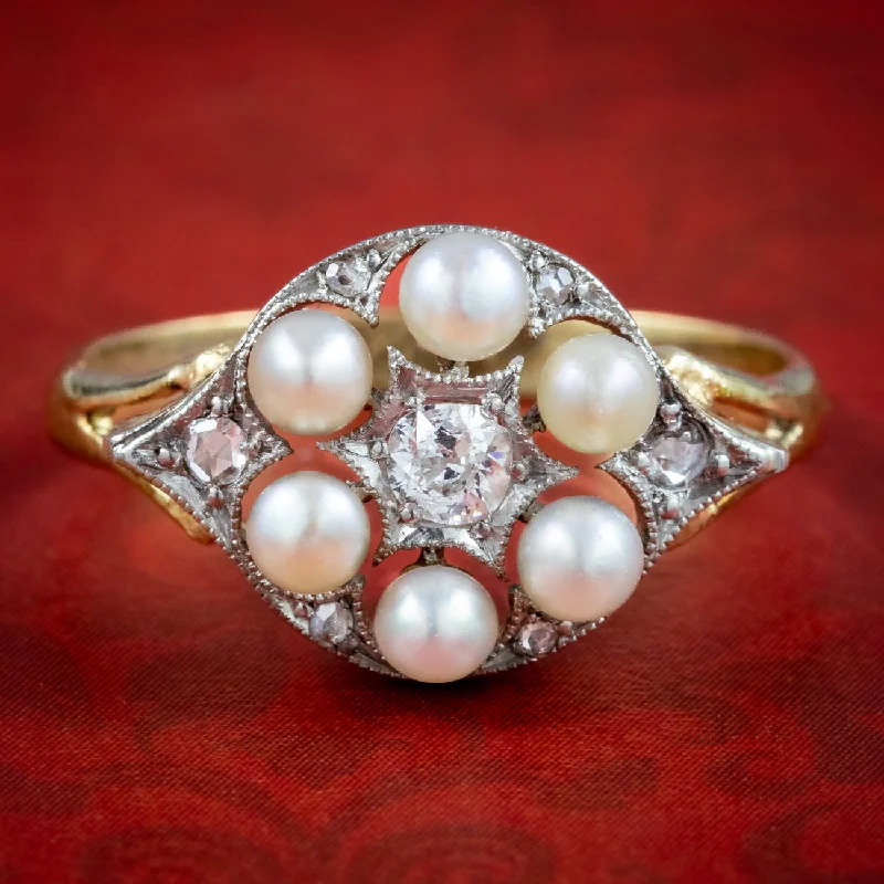 ladies-wedding-rose-gold-rings-Vintage Pearl Diamond Cluster Ring