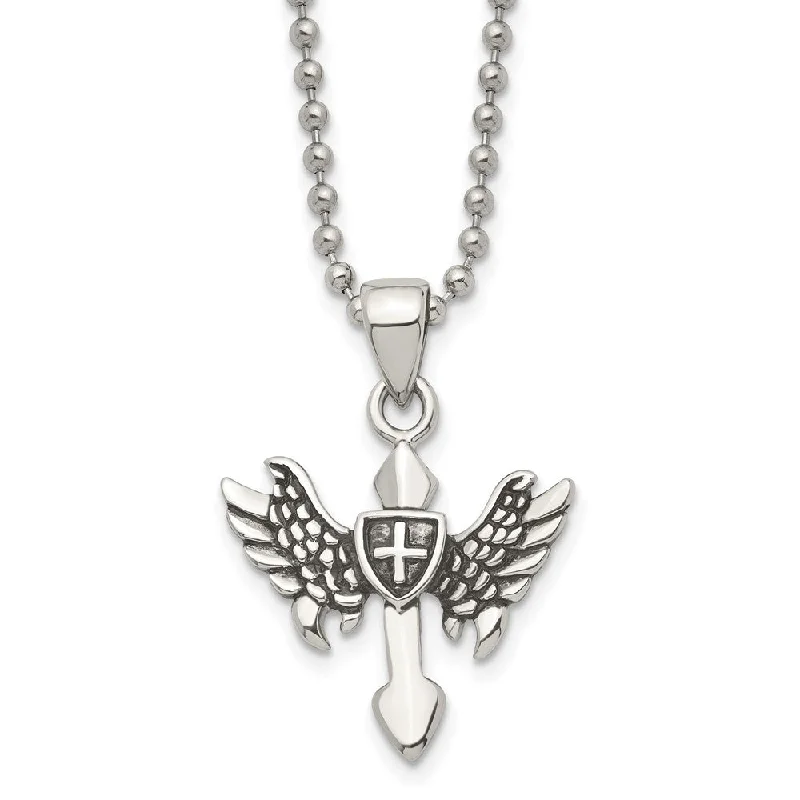 Ladies necklaces edgy chains -Men's Stainless Steel Small Antiqued Winged Cross Necklace, 20 Inch