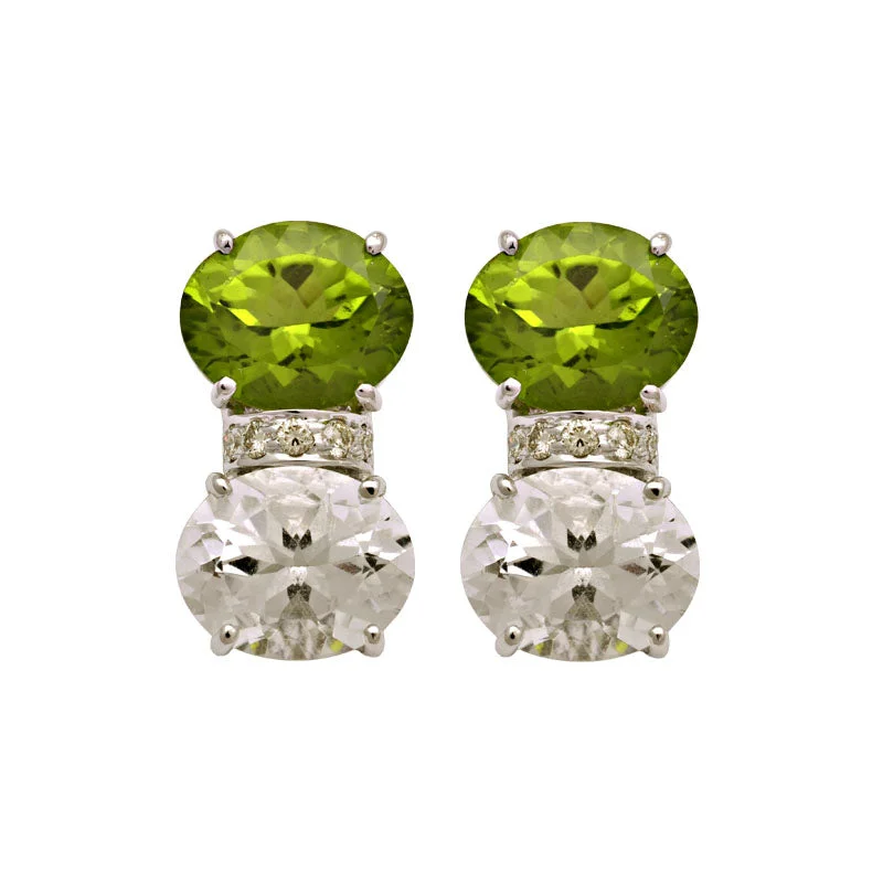 ladies-silver-flower-earrings-Earrings-Peridot, Crystal and Diamond