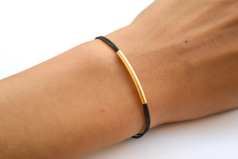 Ladies bracelets classic bands -Gold bar bracelet, black string, gift for her, handmade customized jewelry