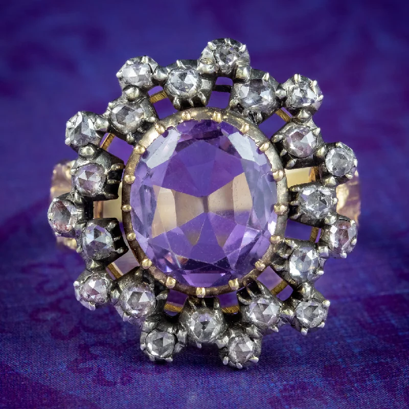 ladies-round-gold-rings-Antique Georgian Amethyst Diamond Cluster Ring 4.5ct Amethyst