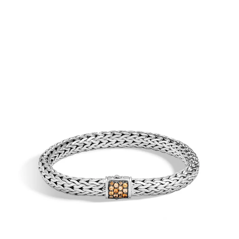 Ladies bracelets for game days -Classic Chain Silver Medium Bracelet with Mixed Mandarin Garnet