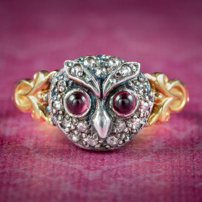 ladies-princess-cut-emerald-rings-Georgian Style Diamond Owl Ring Garnet Eyes