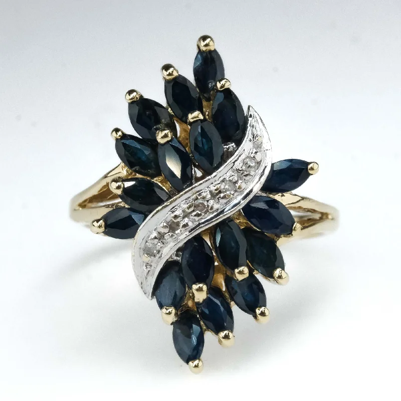 ladies-luxury-silver-rings-1.02ctw Sapphire & Diamond Cluster Cocktail Ring in 10K Two Tone Gold