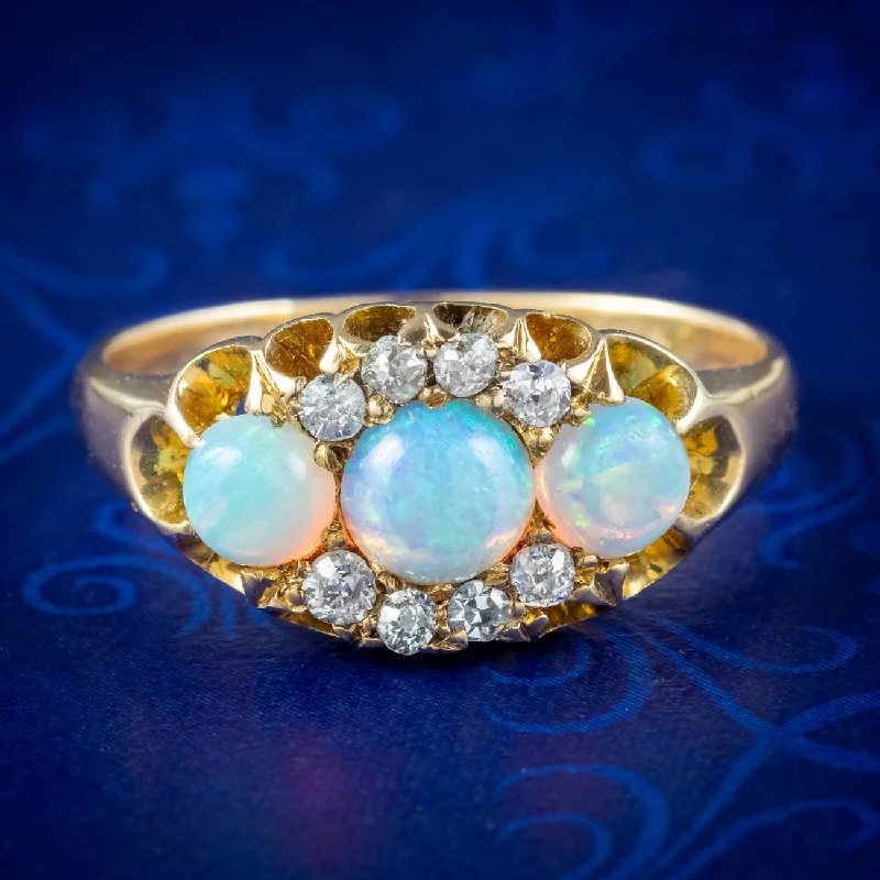 ladies-elegant-platinum-rings-Antique Victorian Opal Diamond Cluster Ring 0.80ct Opal