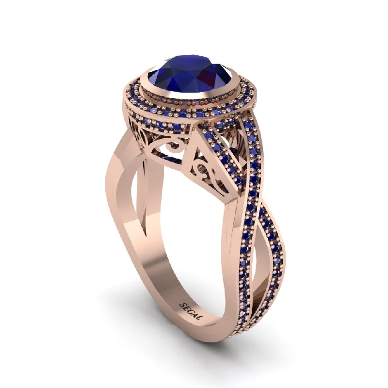 engagement-minimalist-sapphire-ring-Sapphire Filigree Halo Twist Shank Engagement Ring - Wren No. 74