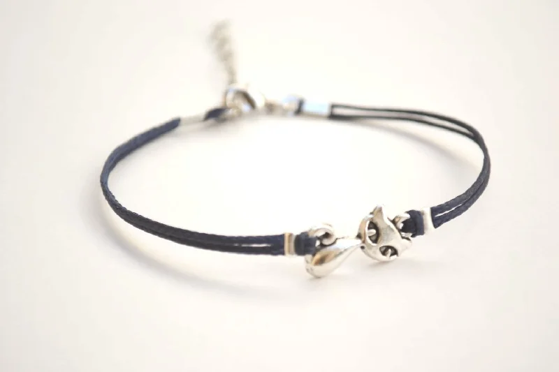 Ladies bracelets with dusk hematite -Silver cat charm bracelet, blue cord, adjustable bracelet