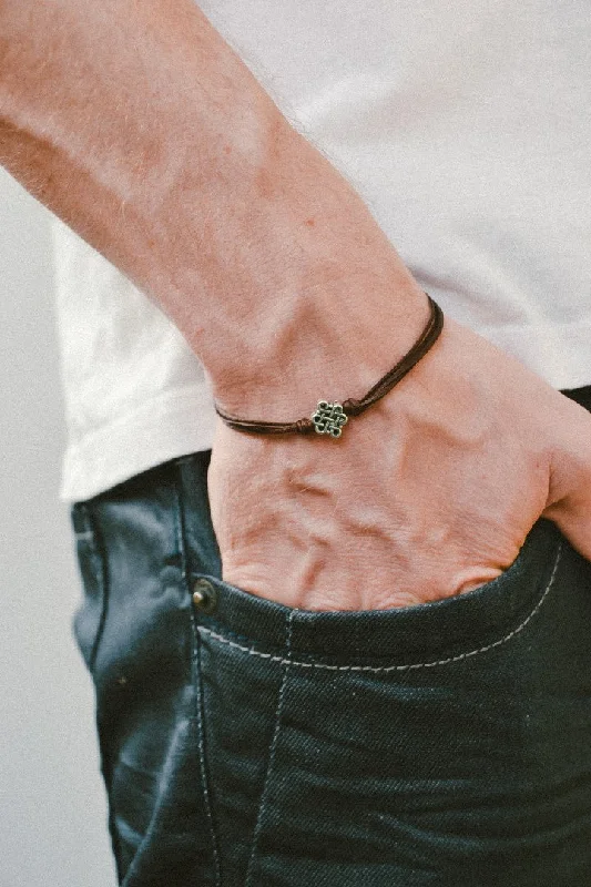 Ladies bracelets modern elegance -Infinity bracelet for men, brown cord, silver tone bead, gift for him