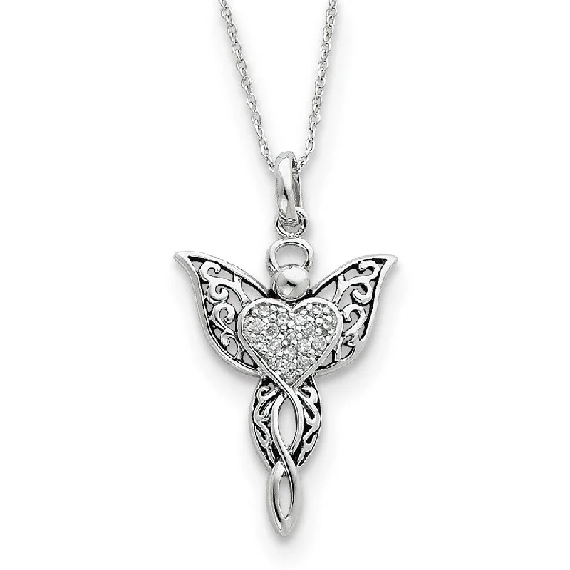 Ladies necklaces with path pendants -Rhodium Plated Sterling Silver & CZ Angel of Blessing Necklace, 18in