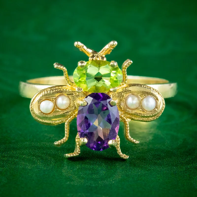 ladies-cushion-cut-silver-rings-Edwardian Suffragette Style Bee Ring Peridot Amethyst Pearl