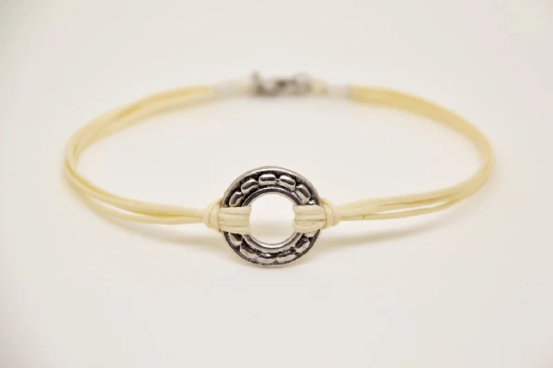 Ladies bracelets for road warriors -silver karma bracelet for men, beige cord, gift for him