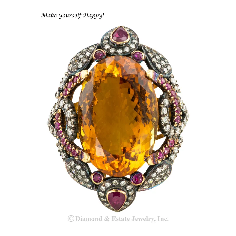 ladies-pear-cut-silver-rings-Citrine Diamond Ruby Cocktail Ring