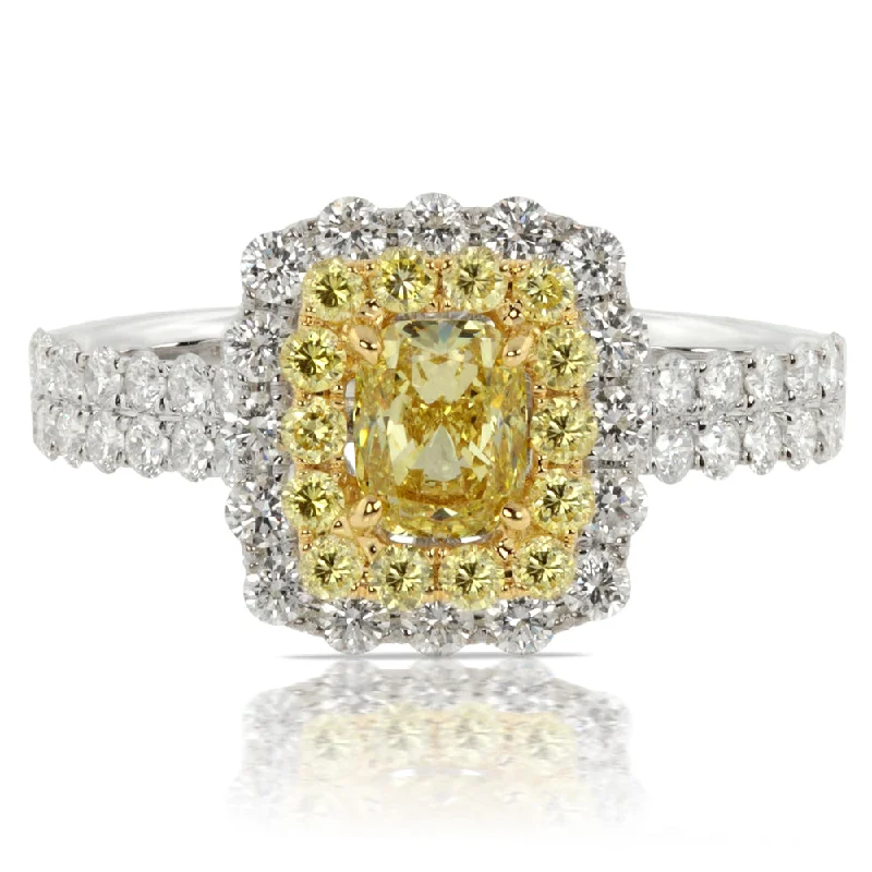 engagement-heart-silver-ring-Fancy Yellow Cushion Diamond Halo Engagement Ring 18K White Gold